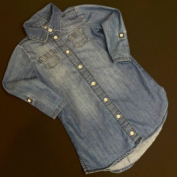 ~ Old Navy Girls 4T Denim Shirt Dress Blue Long Sleeve Jean Pockets Button Up - Picture 2 of 11